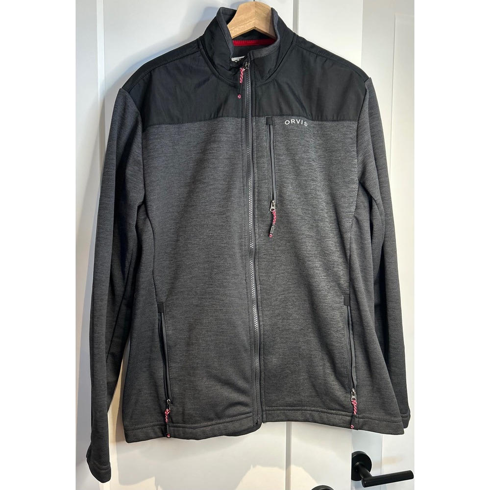 Orvis Mens Medium Full Zip Fleece Jacket Charcoal Gray Black Mixed Media Outdoor